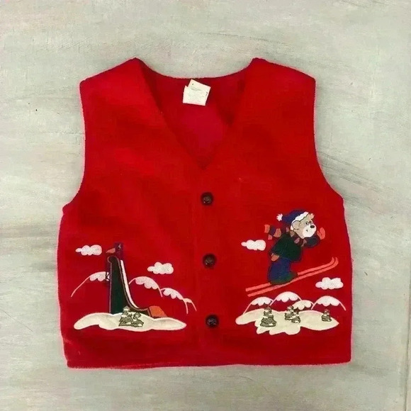 Fleece Christmas Winter Vest Boy size 2T Embroidered Teddy Bears Skiing Snow - Picture 8 of 8